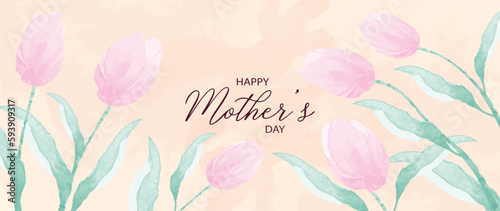 Happy mother's day background vector. Watercolor floral wallpaper design with pink tulip flowers, leaves. Mother's day concept illustration design for cover, banner, greeting card, decoration.