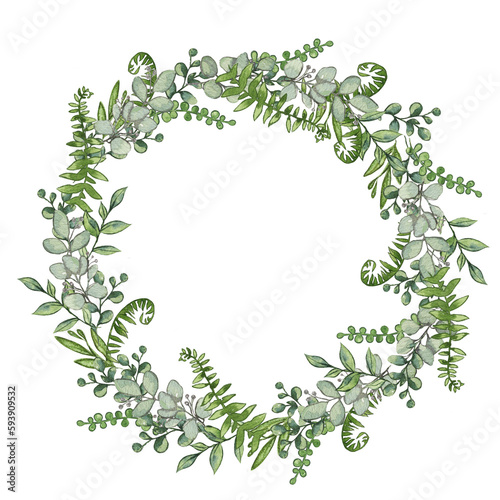round green frame with eucalyptus leaves. For invitations, cards, design, weddings, bachelorette parties, christenings