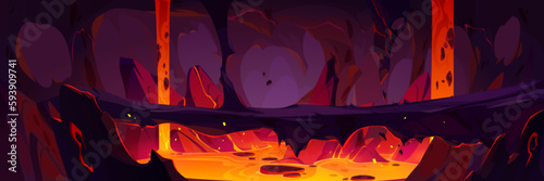 Lava flow inside volcano cave. Vector cartoon illustration of hell landscape with hot magma river under stone bridge between rocky mountain walls. Underground inferno tunnel. Adventure game background