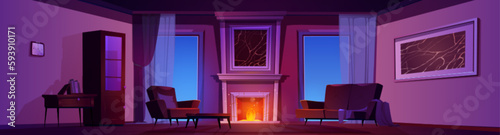 Night vintage living room with burning fireplace cartoon illustration. Dark luxury interior with armchair and sofa in hotel apartment. Front view game lounge scene with marble picture and wood table.