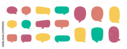 Blank Cute Speech Bubble with Dashed Line. Simple Flat Scrapbook Stitched Design Vector Illustration Set.