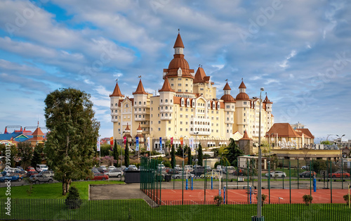 SOCHI, RUSSIA - April 13, 2023: Bogatyr Hotel near the Sochi Olympic park