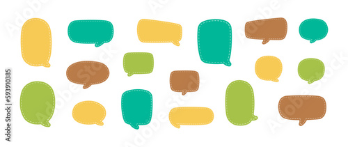 Blank Cute Speech Bubble with Dashed Line. Simple Flat Scrapbook Stitched Design Vector Illustration Set.