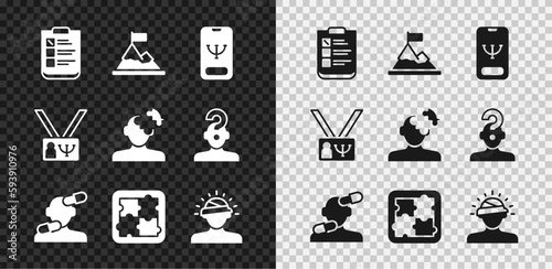 Set Psychological test, Mountains with flag on top, Online psychological counseling, Sedative pills, Solution problem psychology, Concussion, headache, Psychology and icon. Vector