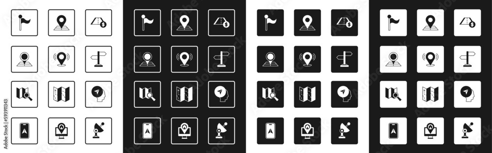 Set Toll road traffic, Map pin, Folded map with location marker, Flag, Road sign, human and Search icon. Vector Set Toll road traffic, Map pin, Folded map with location marker, Flag, Road sign, human and Search icon. Vector