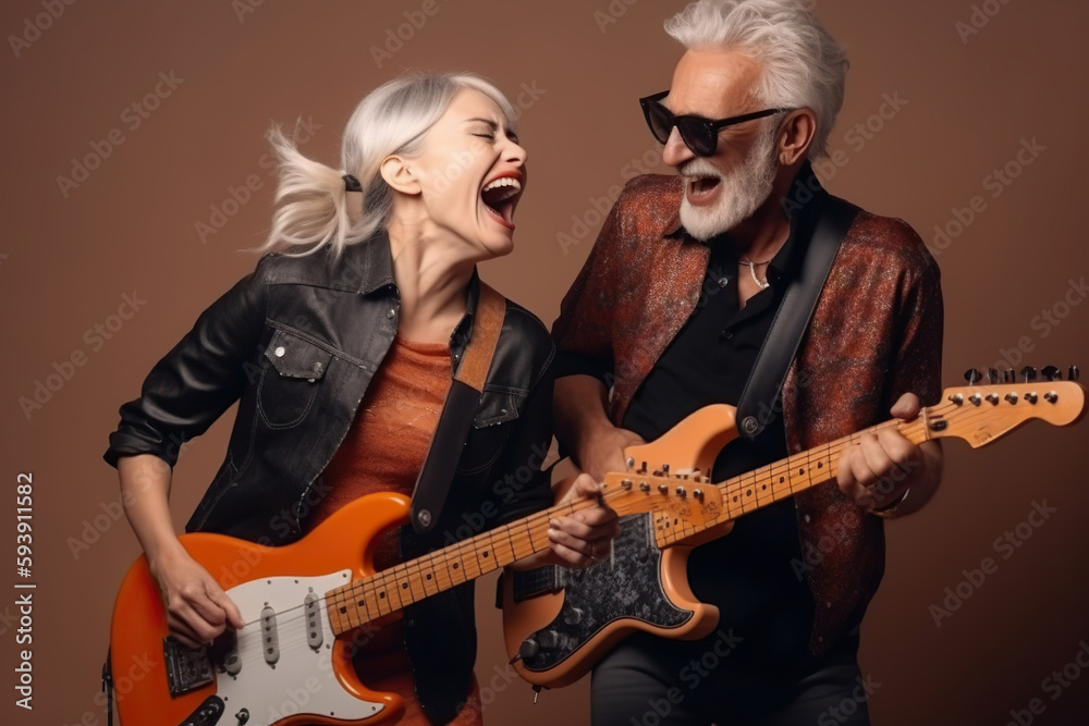 Obraz premium A man and a woman singing and playing guitars