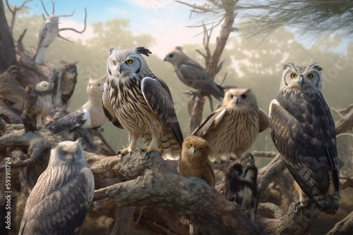 A detailed illustration of a group of birds, such as eagles or owls, in their natural environment, Generative AI