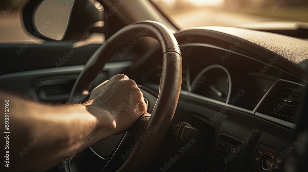 A person holding a steering wheel in a car, generative ai A person holding a steering wheel in a car, generative ai