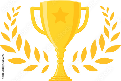 Gold Trophy Cup. Vector Flat Trophy Icon with stars and laurel wreath