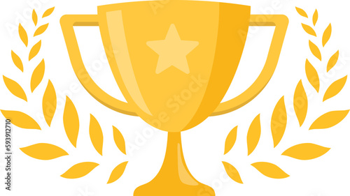 Gold Trophy Cup. Vector Flat Trophy Icon with stars and laurel wreath