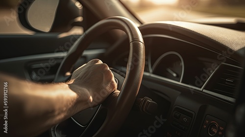 A person holding a steering wheel in a car, generative ai