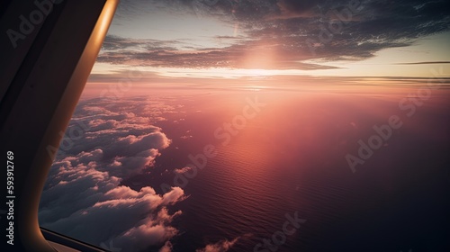 view from the airplane window  the pink sky  and the sun shining through the clouds  generative ai