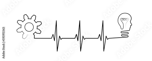 Editable line heart rhythm design with human head, lightbulb, gear, heartbeat line vector design to use in healthcare, business, healthy lifestyle, medicine and ekg concept illustration projects. 
