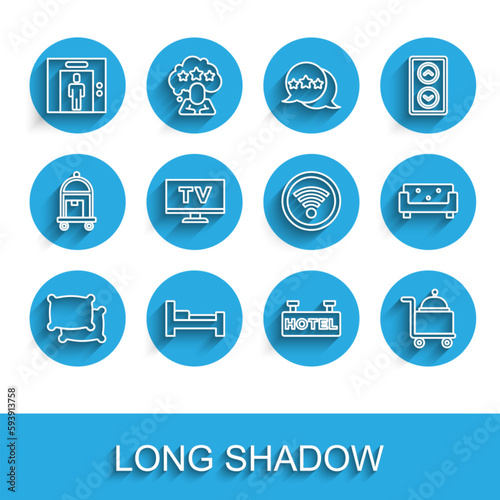 Free Download Set line Pillow, Hotel room bed, Lift, Signboard with text, Covered tray, Smart Tv, Sofa and Wi-Fi wireless icon. Vector - GFXLoad