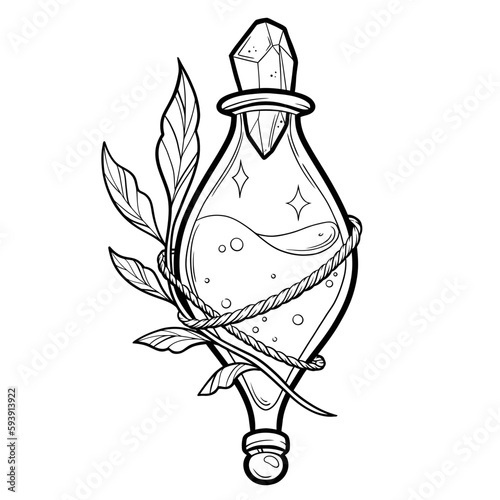 Hand drawn magic bottle. Vial of poison. Vector illustration isolated. Tattoo design, magic symbol for your use.