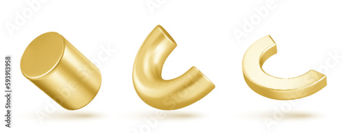 Isolated abstract geometric gold 3d shape vector object. Realistic golden cylinder and half torus element on white background. Creative trendy geometry figure icon. Minimal basic pipe set