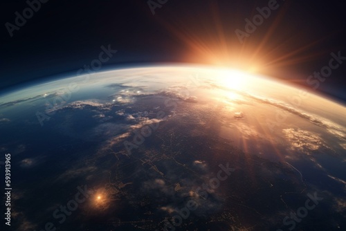 Sunrise over the planet Earth concept with a bright sun and flare and city lights. Generative AI