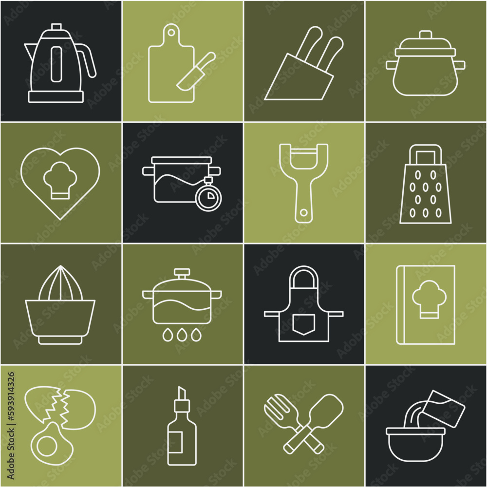 Set line Saucepan, Cookbook, Grater, Knife, Cooking pot, Chef hat, Electric kettle and Vegetable peeler icon. Vector Set line Saucepan, Cookbook, Grater, Knife, Cooking pot, Chef hat, Electric kettle and Vegetable peeler icon. Vector