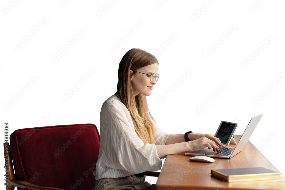 Student yenshina uses a laptop workplace in the office, transparent background. Student yenshina uses a laptop workplace in the office, transparent background.