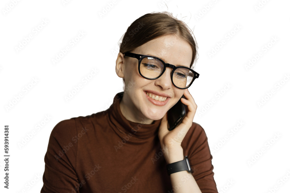 A young female student with glasses is talking, using a phone in her hands, transparent background.