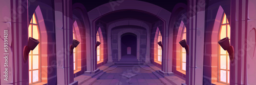 Ancient palace or castle interior. Old building corridor with windows, pillars, stone walls and torches. Medieval castle or temple gallery, vector cartoon illustration