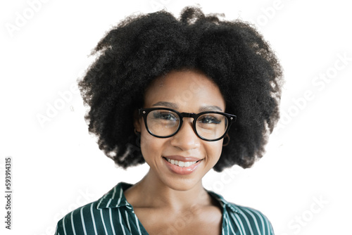 Freelance programmer curly-haired woman in a white shirt student, intern, transparent background, isolated.