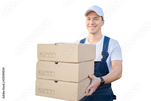 A satisfied courier in uniform, a young man working carries an order box in a courier company for delivery, transparent background. © muse studio