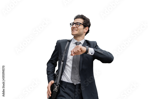 A male banker in a business suit going to work at a bank, transparent background.