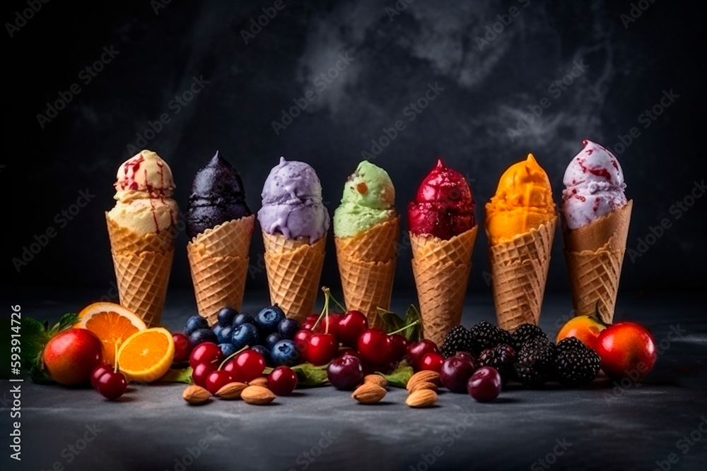 Various of ice cream flavor in cones