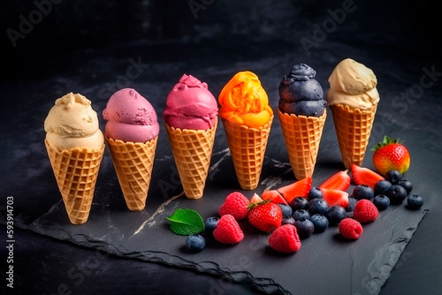 Various of ice cream flavor in cones