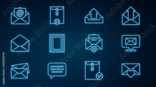 Set line Envelope with Valentine heart, Speech bubble envelope, Upload inbox, Postal stamp, Mail and e-mail, Delete and icon. Vector