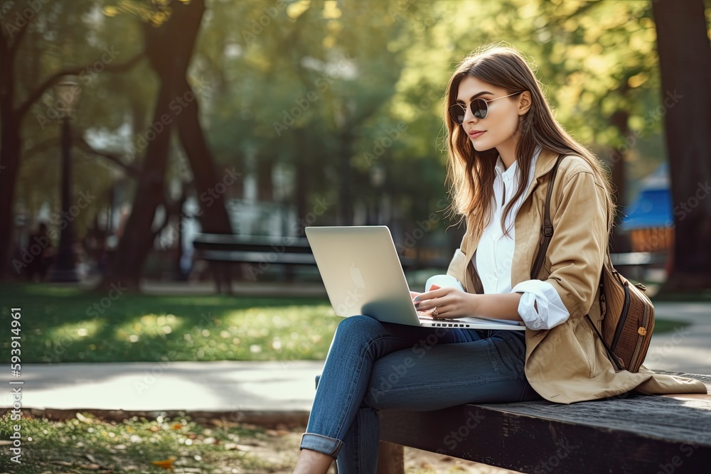woman using laptop in park, ai generative woman using laptop in park, ai generative