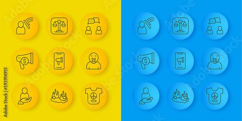 Set line Life insurance in hand, Megaphone dollar, Protest, Peace, Censor freedom of speech, Police beat human, Speech bubble chat and Scales justice icon. Vector