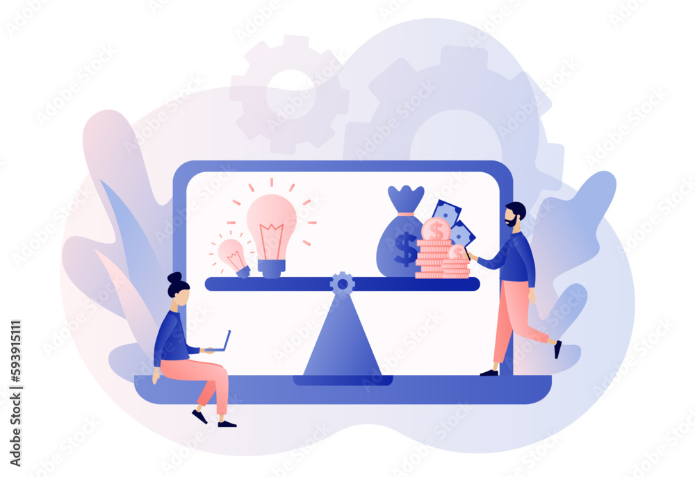 Money for ideas. Tiny people sell business idea online. Investment in creative project or startup company. Balance metaphore. Modern flat cartoon style. Vector illustration on white background