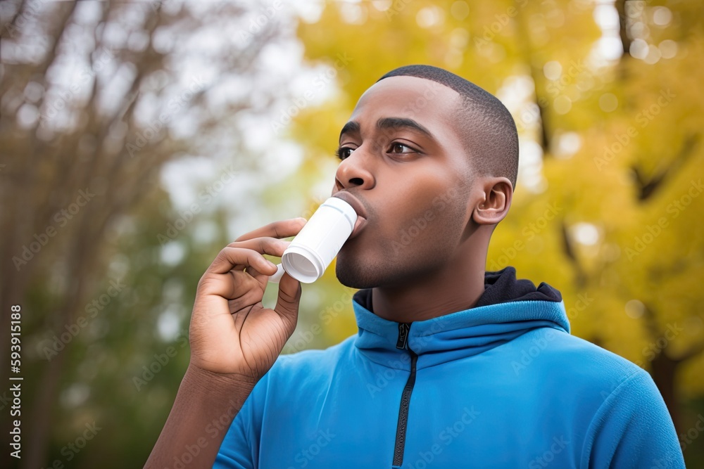 Young man using blue asthma inhaler to prevent an asthma attack.Health and medicine, ai generative Young man using blue asthma inhaler to prevent an asthma attack.Health and medicine, ai generative