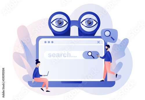 Search bar. Tiny people browsing online information, surfing internet with binocular, magnifying glass on laptop screen. SEO concept. Modern flat cartoon style. Vector illustration on white background