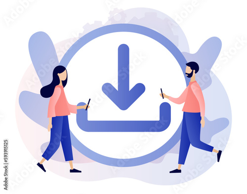 Download concept. Install symbol. Tiny people downloading data, files. Load symbol. Modern flat cartoon style. Vector illustration on white background