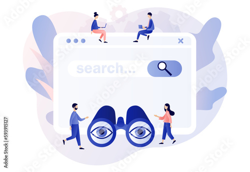 Search web page. Tiny people browsing online information, surfing internet with binocular. SEO concept. Modern flat cartoon style. Vector illustration on white background photo