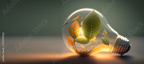 glowing light bulb with leaves inside bulb, isolated on background with copy space. concept of green alternative energy, eco friendly power, sustainability efficiency renewability. generative ai photo