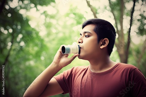 Young man  using blue asthma inhaler to prevent an asthma attack.Health and medicine, ai generative photo