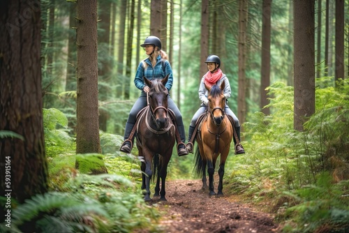 persons riding horse in the forest , ai generative