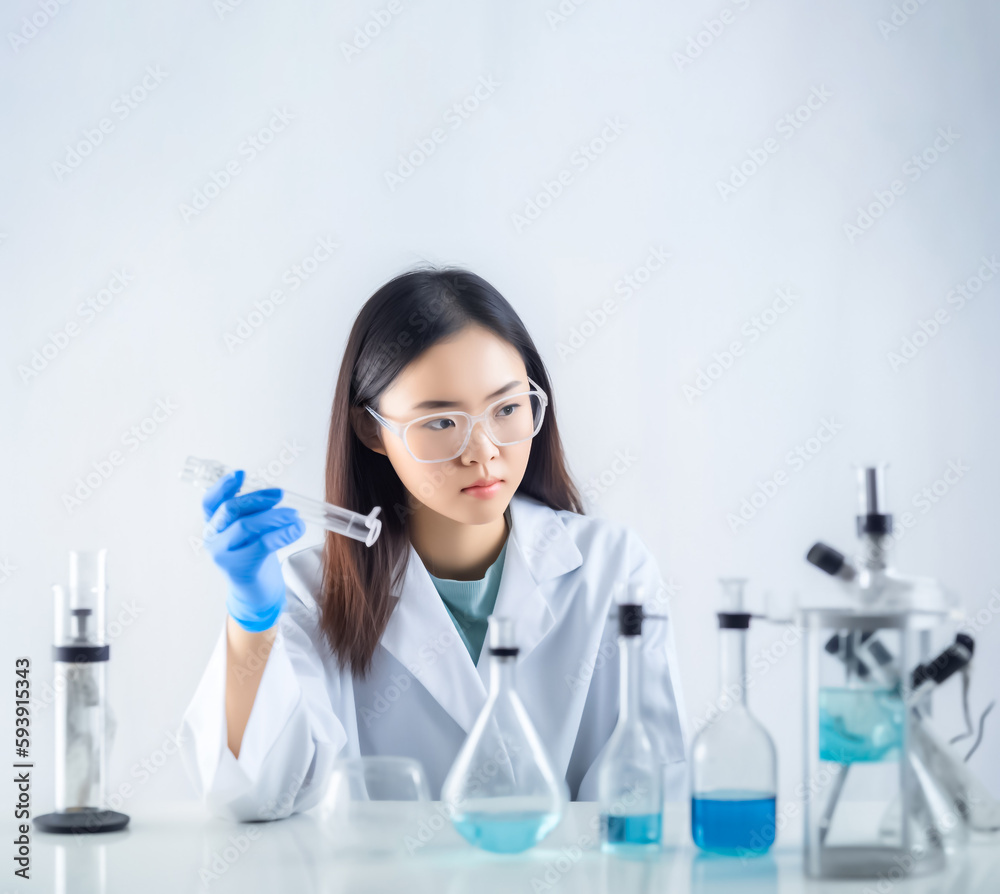A brilliant Asian female scientist fearlessly experiments with new compounds and chemicals in her laboratory on light background. generative AI A brilliant Asian female scientist fearlessly experiments with new compounds and chemicals in her laboratory on light background. generative AI