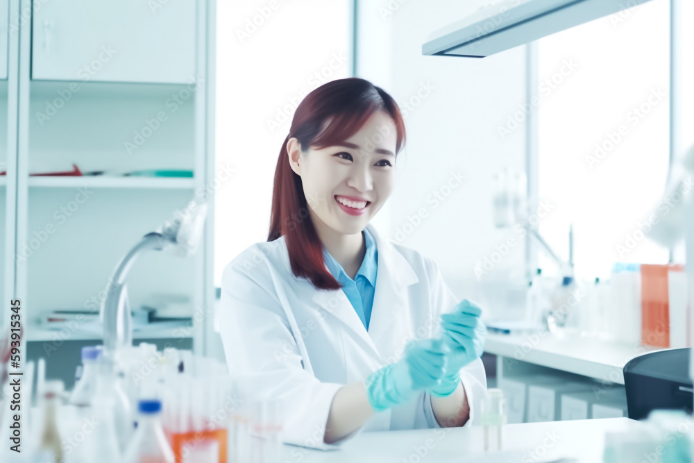 A brilliant Asian female scientist fearlessly experiments with new compounds and chemicals in her laboratory on light background. generative AI A brilliant Asian female scientist fearlessly experiments with new compounds and chemicals in her laboratory on light background. generative AI