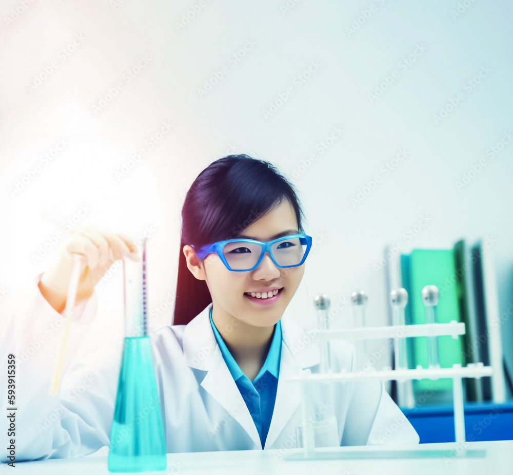 A brilliant Asian female scientist fearlessly experiments with new compounds and chemicals in her laboratory on light background. generative AI A brilliant Asian female scientist fearlessly experiments with new compounds and chemicals in her laboratory on light background. generative AI