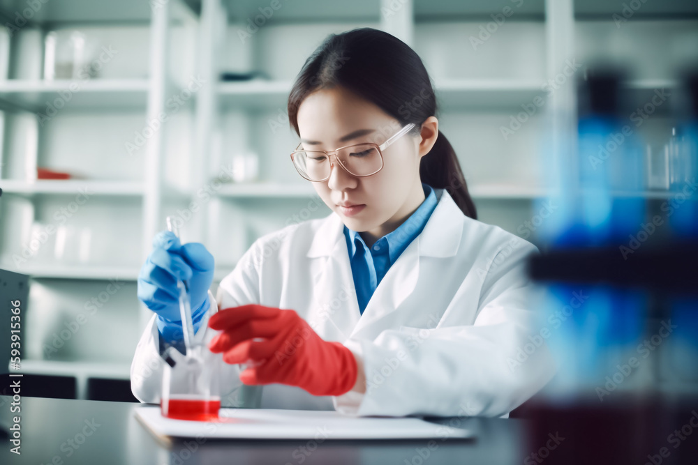 A brilliant Asian female scientist fearlessly experiments with new compounds and chemicals in her laboratory on light background. generative AI A brilliant Asian female scientist fearlessly experiments with new compounds and chemicals in her laboratory on light background. generative AI