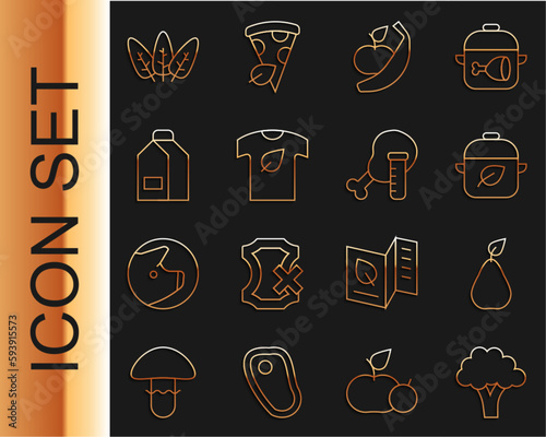 Set line Broccoli, Pear, Vegan food diet, Apple and banana, shirt, Paper package for milk, Leaf and Genetically modified chicken icon. Vector