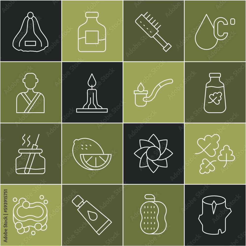 Set line Wooden log, Oak leaf, Essential oil bottle, Sauna brush, Burning candle, Man the sauna, hat and ladle icon. Vector Set line Wooden log, Oak leaf, Essential oil bottle, Sauna brush, Burning candle, Man the sauna, hat and ladle icon. Vector