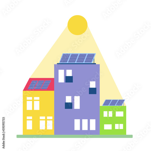 Photovoltaic city. Solar photovoltaic panels on house roofs, solar batteries on buildings, green energy concept, vector flat illustration