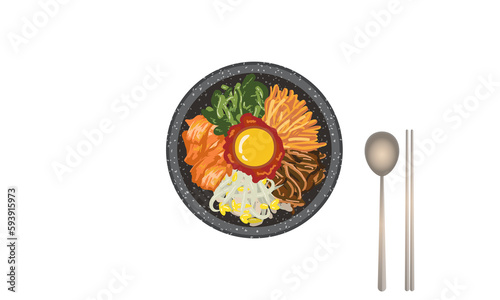 한국 전통 음식 돌솥 비빔밥 채식주의 벡터 일러스트 Korean traditional food stone bowl bibimbap vegetarian vector illustration photo