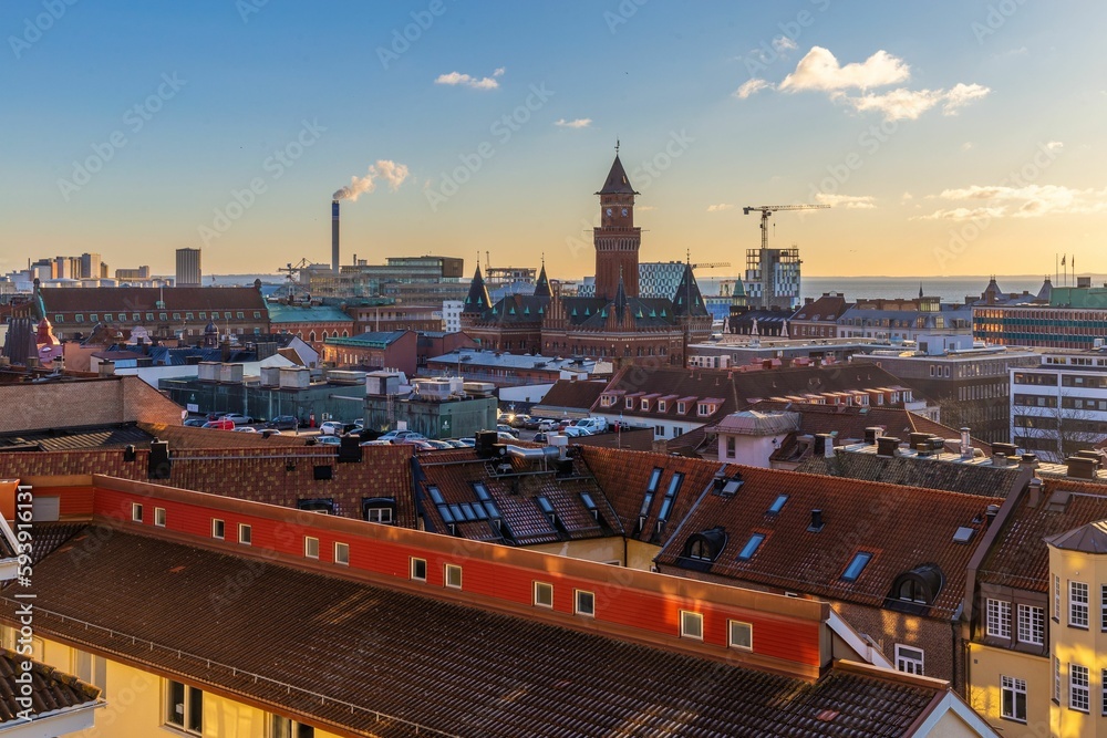 Helsingborg landscape with its colorful architecture and shingle roofed buidlings